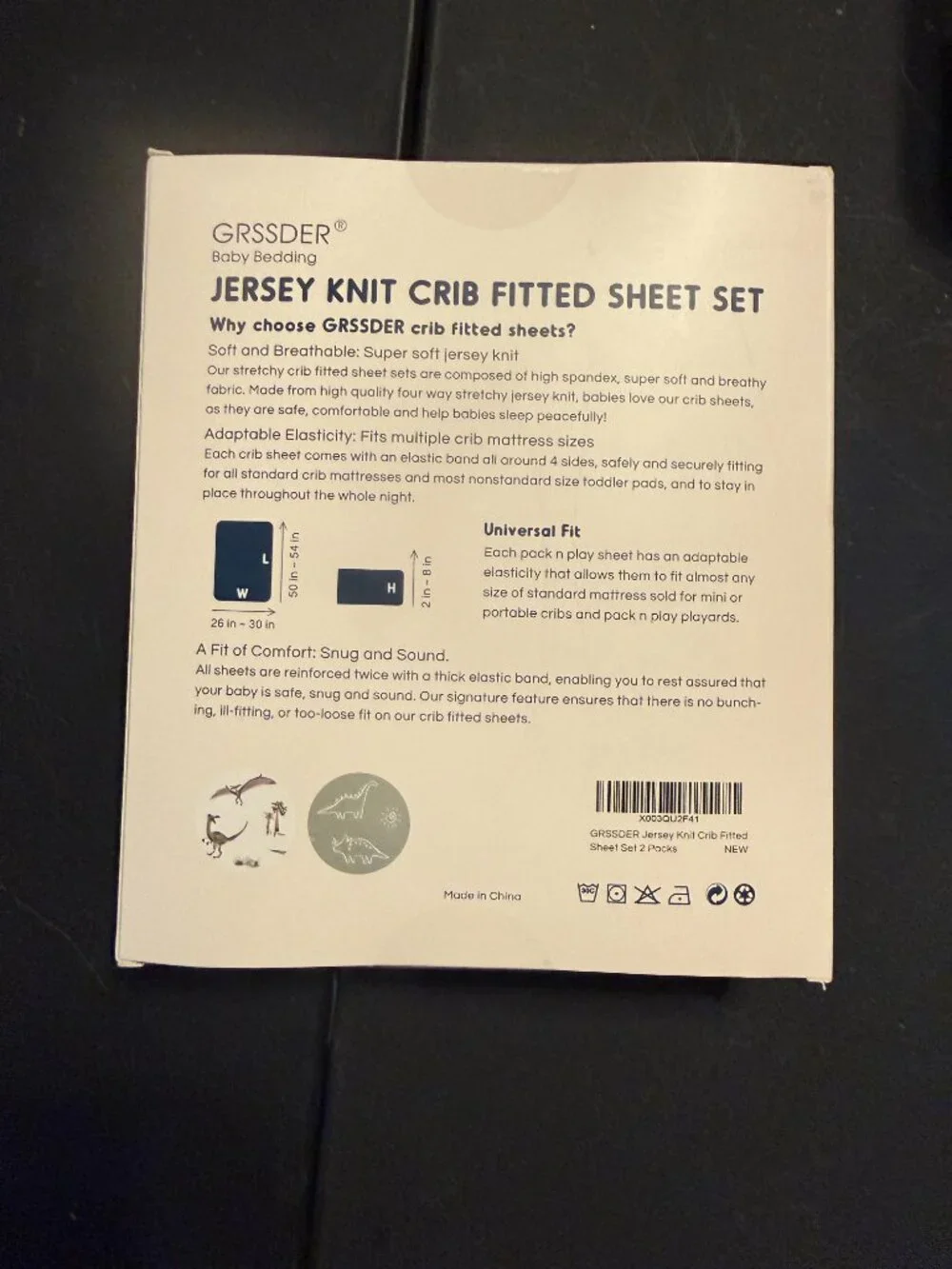 GRSSDER Jersey Knit Mini Crib Fitted Sheets 2-Pack Gray/White Dinosaur (139)